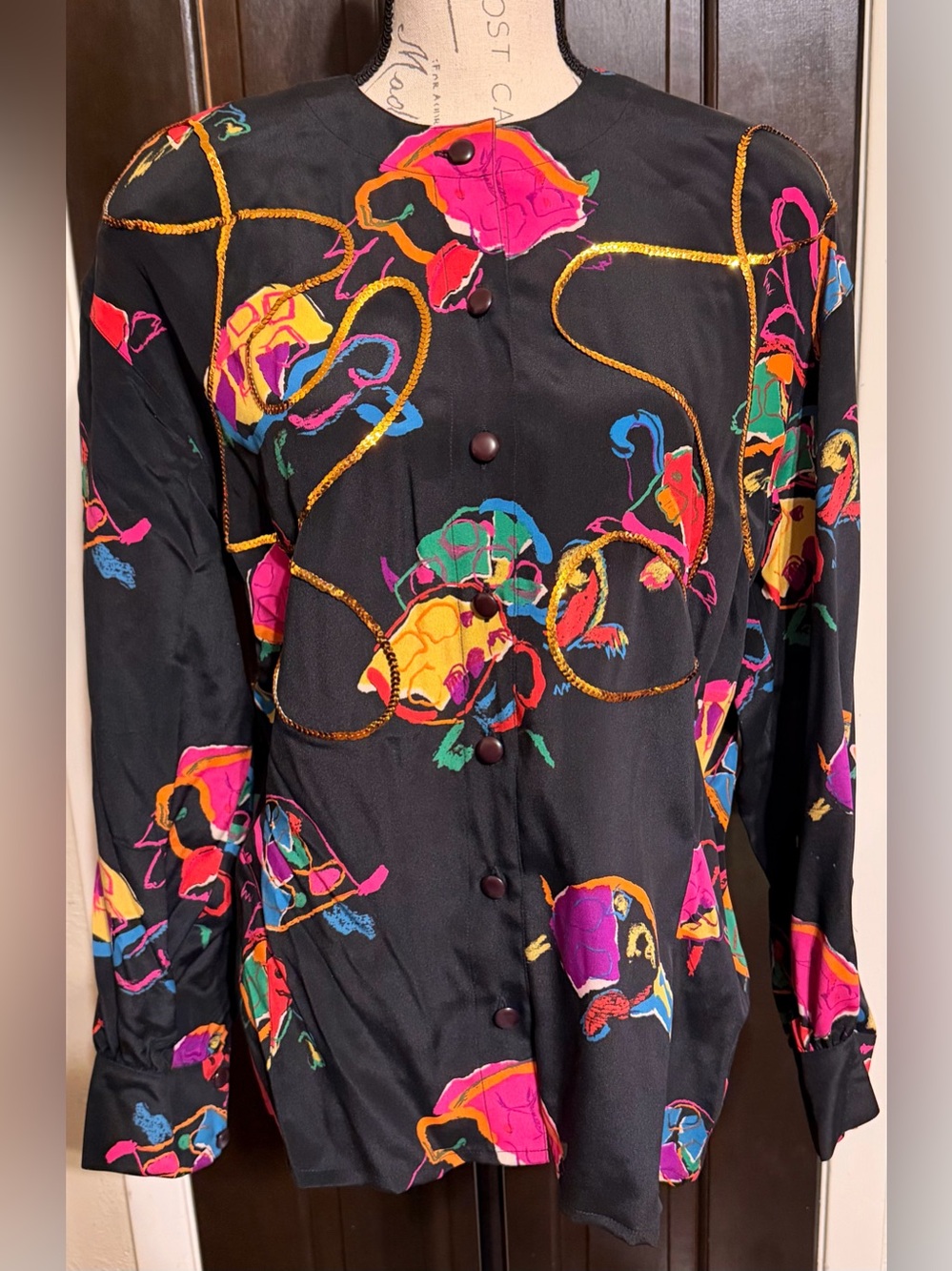 VTG Escada Silk Abstract Jewel Tone Blouse Sequin Trim
